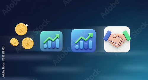 3D Render of Financial Icons, Coins, Charts, and Handshake on Gradient Background