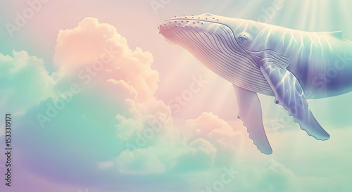 Majestic Whale Ascending Through Dreamy Pastel Clouds and Sunlit Rays of Hope