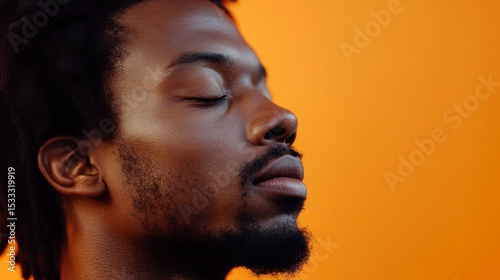Close-up portrait of a man with closed eyes against a solid orange backdrop