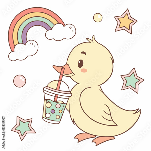Playful Curious Duckling design, styled with with a bubble tea and Pastel Rainbow shades in a Rainbow setting