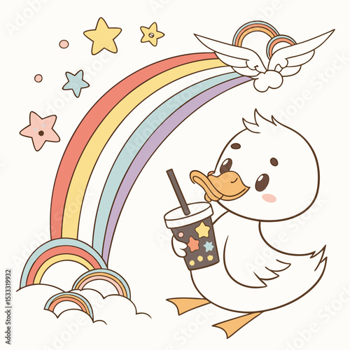 Playful Curious Duckling design, styled with with a bubble tea and Pastel Rainbow shades in a Rainbow setting