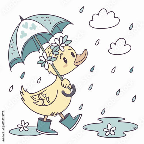 Playful Happy Duckling design, styled with with a flower crown and Raindrop Calm shades in a Rainy day setting