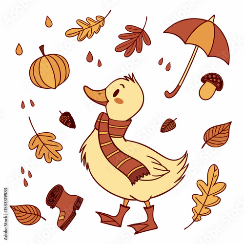 Delightful Dreamy Duckling in a Autumn scene with with a scarf – Autumn Leaves vector illustration