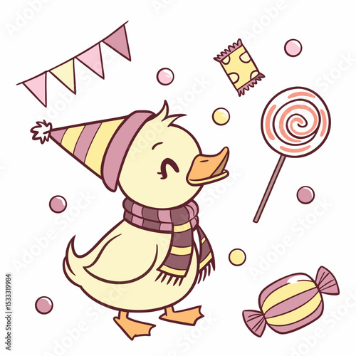 Cute Relaxed Duckling, accessorized with with a scarf, in a Birthday world – Candy Shop palette vector