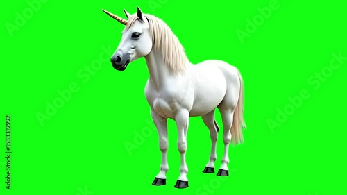 standing white magical unicorn. Green screen realistic animation, Generative AI