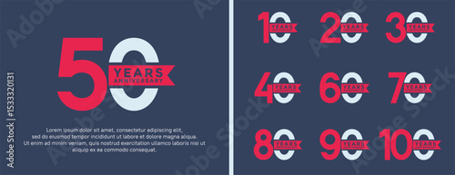 set of anniversary logo flat red and blue color on blue background for celebration moment