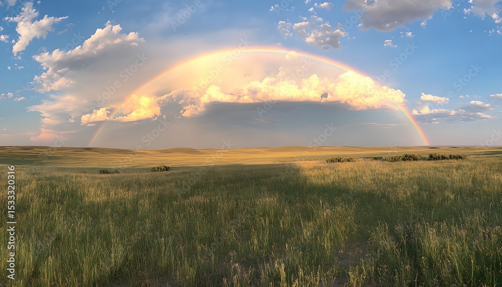 Fototapeta premium Rainbow arches over a vast grassy plain.