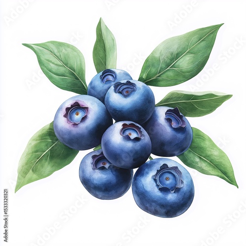 Premium Organic Blueberries. Fresh Healthy Berries in Nature Illustration. Gourmet Botanical Artwork for Vegan Cuisine