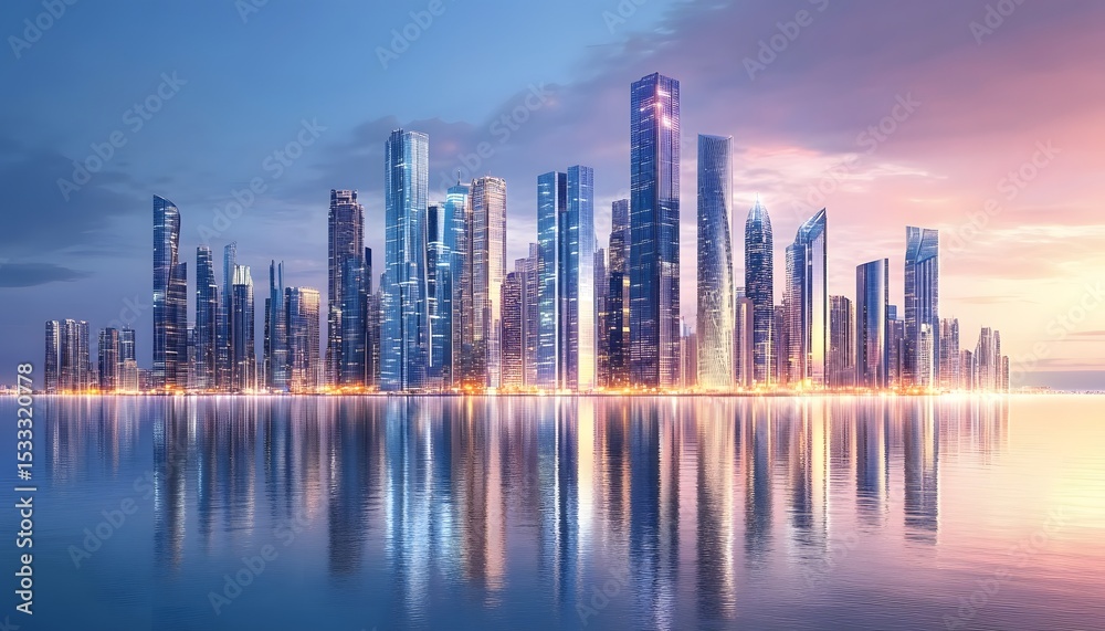 Fototapeta premium Modern cityscape reflected in tranquil waters at dawn.