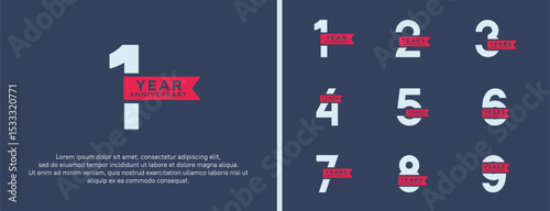 set of anniversary logo flat red and blue color on blue background for celebration moment