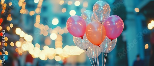 Festive balloons in a city setting