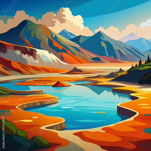 A colorful geothermal valley with bubbling mud pools in New Zealand

