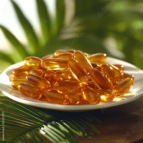 Pile of golden capsules on a plate, tropical backdrop