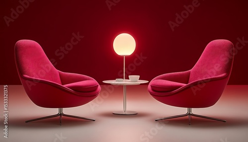Two pink armchairs, a small white table and a round lamp