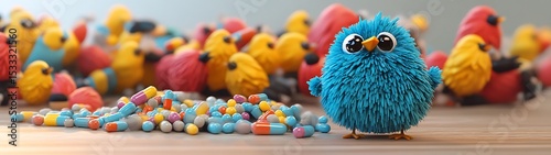 Colorful birds and pills