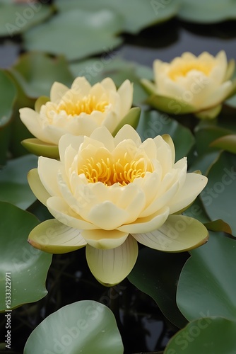 Three pale yellow water lilies in a pond