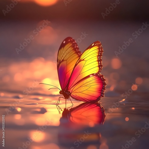 Vivid butterfly, sunset reflection