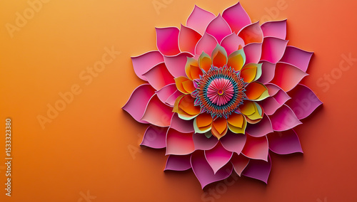 A vibrant 3D paper-cut artwork featuring an intricate flower, designed in a minimalist flat style, featuring bold, symmetrical designs and rich cultural motifs set against a clean, simple background.