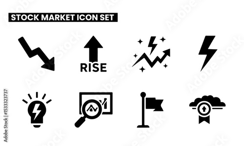 Stock Market Trend and Volatility Icons with Success Metrics.  Monochrome icons depicting stock market trends, volatility, business insights, and financial success.