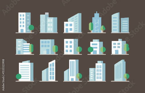 Collection of flat style building icons with trees ideal for urban planning presentations