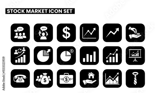 Stock Market Financial Icons set. icons depicting diverse stock market concepts, including trends, analysis, and financial instruments.