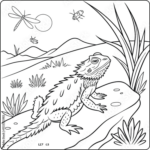 Desert Lizard Coloring Page  A Detailed Line Art Illustration of a Bearded Dragon in its Habitat