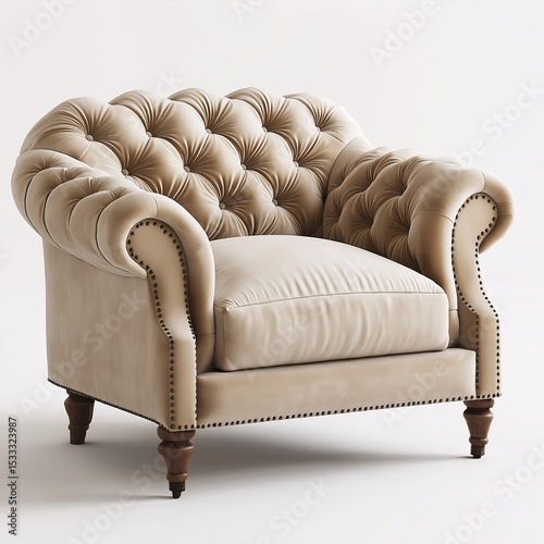 Vintage Tufted Armchair with Wooden Legs. Classic Beige Upholstery for Cozy and Elegant Living Room Decor - Quality Craftsmanship and Stylish Retro Design