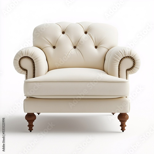 Cream Leather Tufted Armchair. Elegant Modern Design for Luxury Living Room Decor
