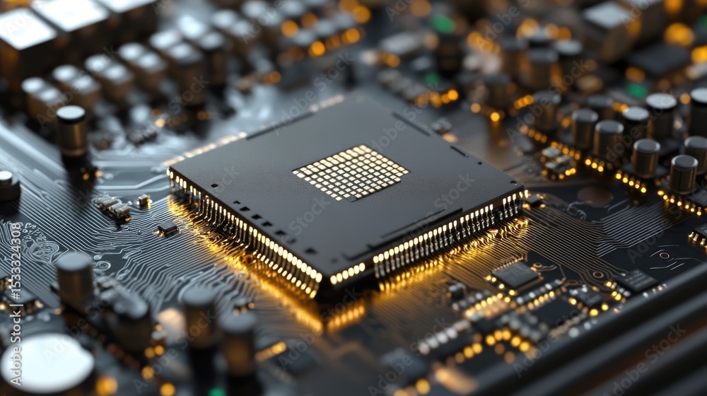 Microchip on motherboard. Electronic circuit board close-up. Advanced technology CPU processor for modern computers Microchip on motherboard. Electronic circuit board close-up. Advanced technology CPU processor for modern computers