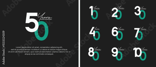 set of anniversary logo flat white and green color on soft black background for celebration moment