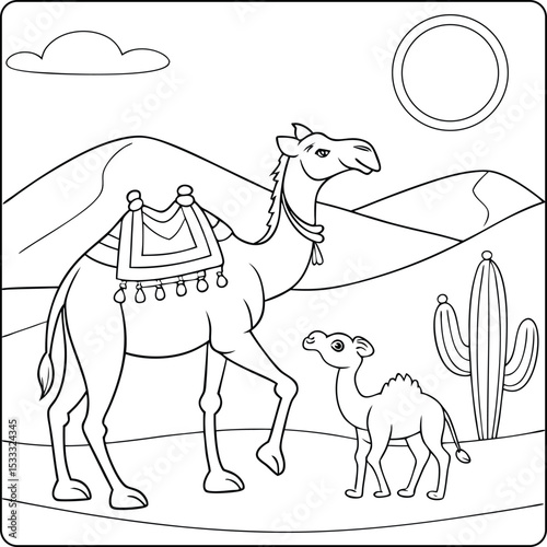 Adorable Camel and Calf in Desert Landscape A Coloring Page