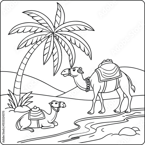 Desert Oasis Camel and Palm Tree Coloring Page