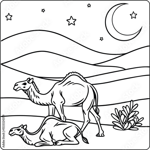 Desert Camels at Night A Simple Coloring Page Illustration