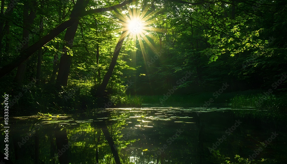 Fototapeta premium Sunlight streams through a lush forest over a tranquil waterway.
