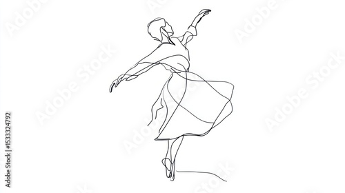Abstract line art depicting a dancer mid-turn with a flowing skirt creating graceful movement against a white background
