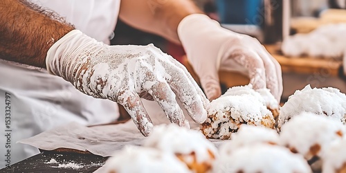 Hands dusting powdered sugar onto pastries