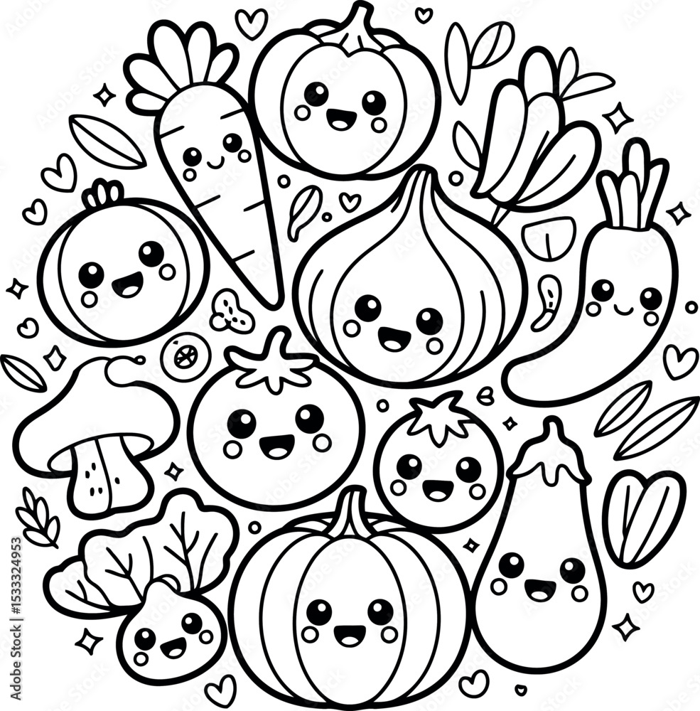 Fototapeta premium A charming coloring page featuring a circular doodle of kawaii vegetable friends. This happy veggie design includes a smiling pumpkin, carrot, tomato, and onion, all waiting to be brought to life.