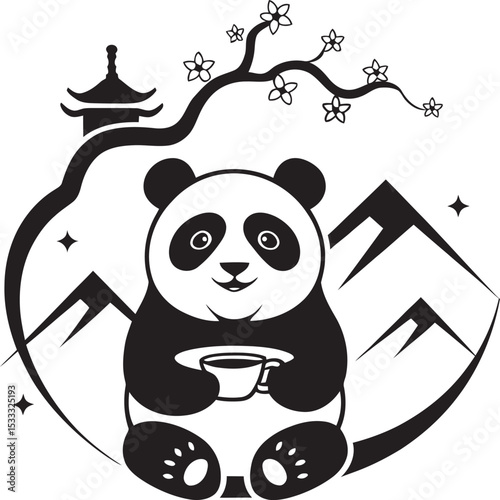Stylized Panda Logo with Japanese Elements Tea Cup, Cherry Blossom, Pagoda Roof, and Mountains, panda with bamboo
