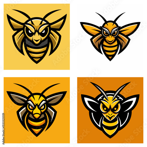 Four cartoonish wasp or bee mascot logos with angry expressions in yellow and black on square backgrounds