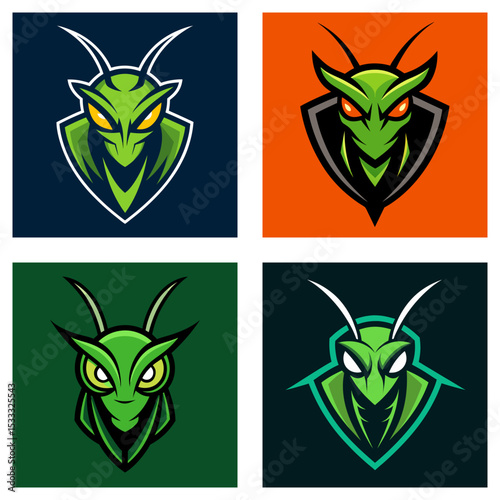 Four variations of a green mantis head logo with different backgrounds and shield designs displayed
