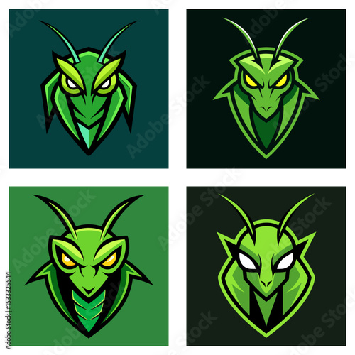 Four variations of a green mantis logo design with sharp lines and glowing eyes on different backgrounds