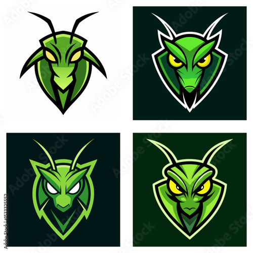 Four green mantis head logos with varying styles and backgrounds in a square grid arrangement format