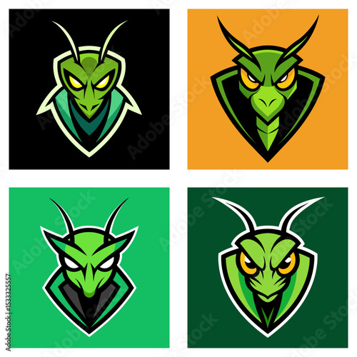 Four variations of a green mantis head logo with different background color and minor design changes