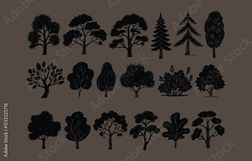 Collection of hand drawn black silhouettes of various trees and shrubs