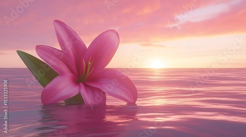Pink lily on sunset sea