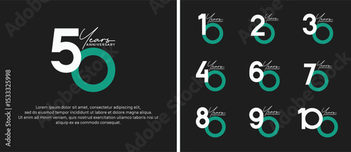set of anniversary logo flat white and green color on soft black background for celebration moment
