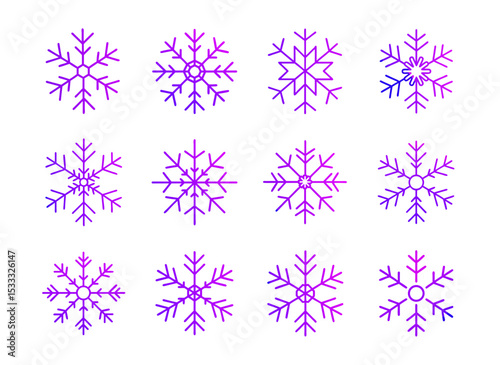 Gradient snowflake icon set in purple and pink tones, winter symbol collection for holiday decor, weather design, or seasonal app UI on transparent background