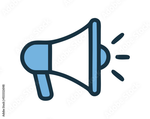 Flat vector icon of blue megaphone with sound lines for advertising, announcement, or digital marketing on transparent background