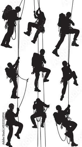 Rappelling Silhouette Vector Pack , black silhouettes isolated on white background