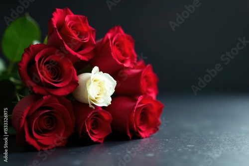 A bouquet of red roses on a dark-colored table with a single white rose in the center, purple background, solitary flower
